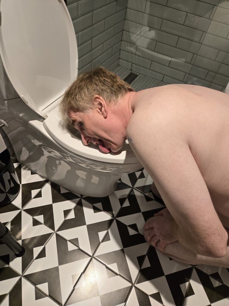 man licking a toilet seat. 