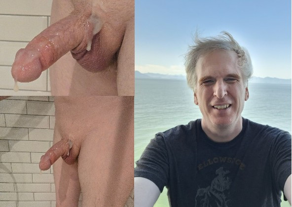 selfie showing face next to a cum covered cock in a collage.